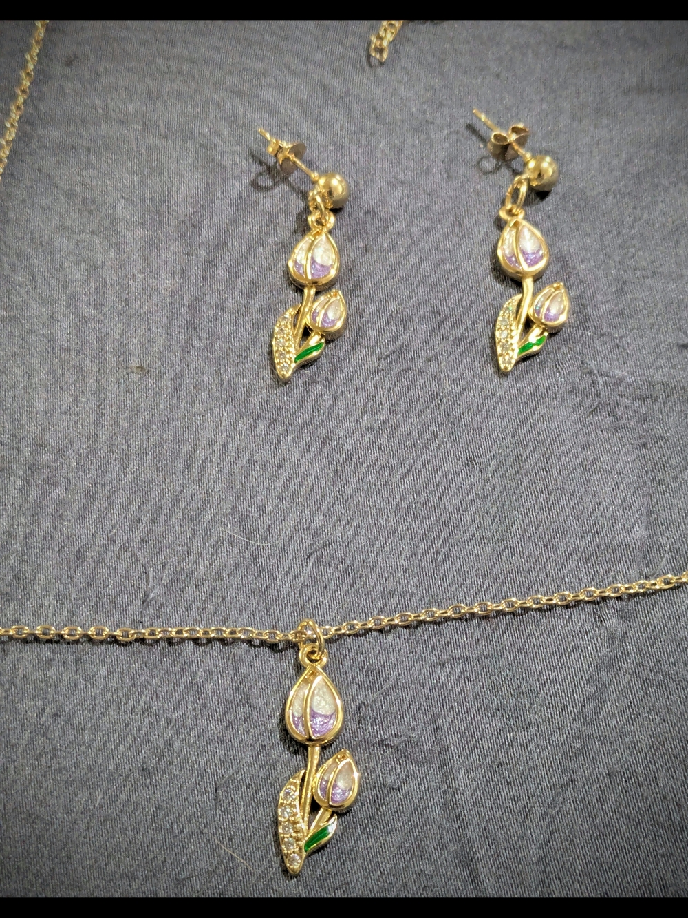 Swarovski Gold Tone Necklace & Earrings with Purple Stones and Green Accents